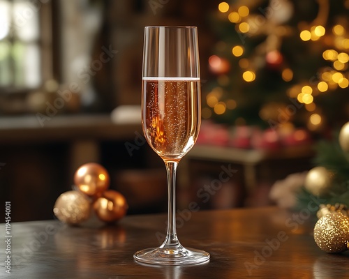 Sparkling ros? champagne flute on wooden table with Christmas tree bokeh. photo