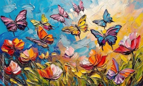 Colorful abstract oil acrylic painting of colorful butterflies flying in the poppy flower fields on the hill- pallet knife on canvas- wide angle view- blue sky