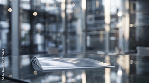 Corporate policy document on a sleek glass desk in a modern office setting, symbolizing professionalism and business clarity. Professional workplace and corporate governance concepts.
