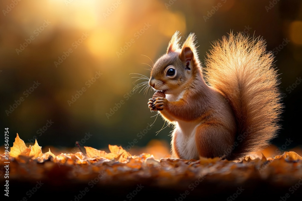 Squirrel Appreciation Day. Cute squirrel holding an acorn surrounded by autumn leaves in warm sunlight. Squirrel Appreciation Day. Cute squirrel holding an acorn surrounded by autumn leaves in warm sunlight.