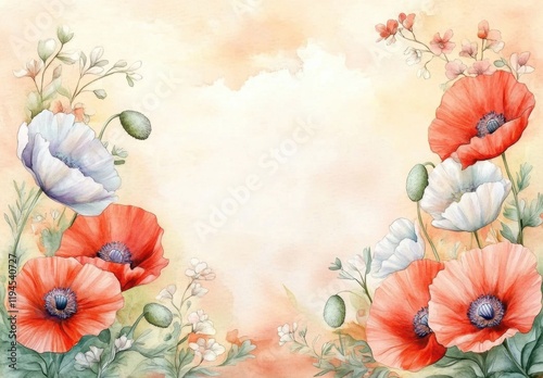 Fototapeta Naklejka Na Ścianę i Meble -  watercolor illustration of a large space for a note with small white and colorful poppy flowers on the left side on a soft pastel background with a hint of floral pattern.