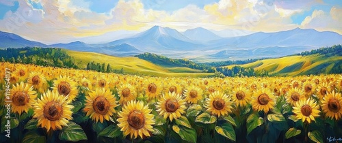 Abstract oil painting of yellow sunflowers field on hills with mountains on background