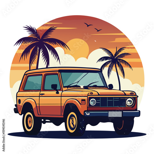 Retro orange SUV illustration with palm trees and sunset, vector travel poster