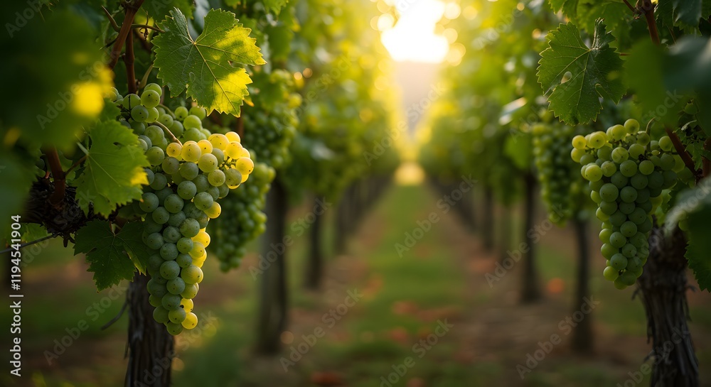Naklejka premium A picturesque vineyard with grapes hanging on vines in soft, golden light.