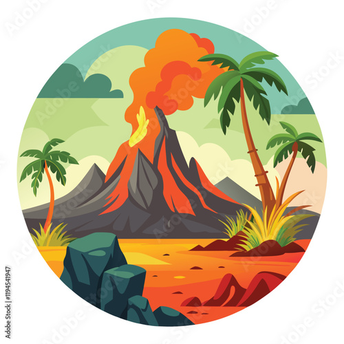 Vibrant volcanic landscape vector illustration, colorful, perfect for educational materials