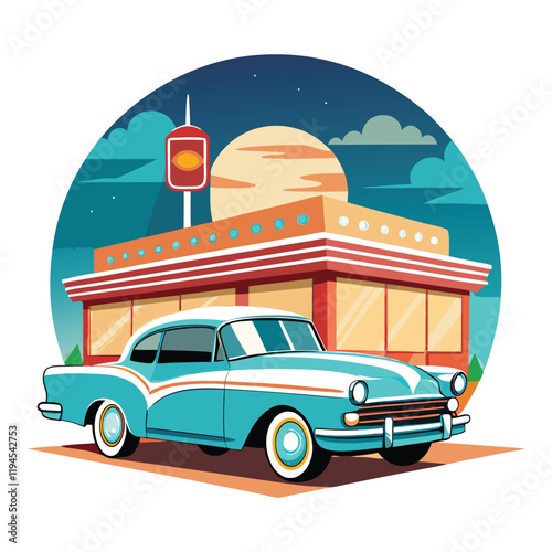 Retro car parked at diner under night sky, vector illustration, vintage poster