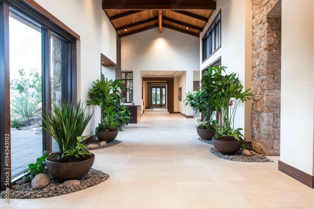 Fototapeta premium Tranquil hallway with calming artwork and natural elements modern home interior design peaceful environment wide angle view serene concept