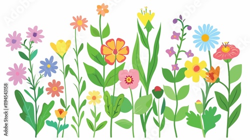 Vibrant Green Leaves and Colorful Flowers Blossoming in Natural Setting