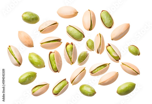 Pistachios and pistachio kernels scattered creatively, isolated on transparent background, ideal for food and snack-related designs, presentations, or promotional materials