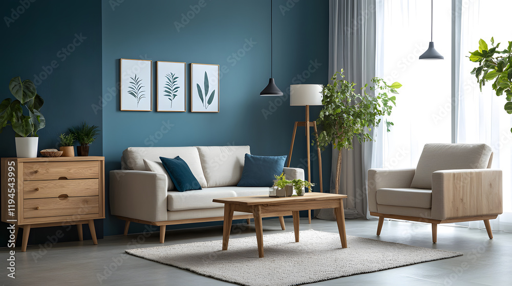 Fototapeta premium Spacious, cozy room with neutral tones and stylish furniture.