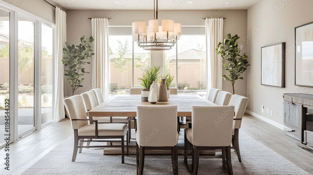 Fototapeta premium Warm dining area with large windows and light-filled ambiance.
