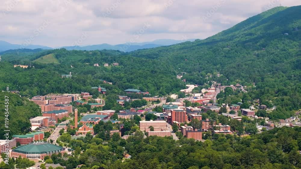 Boone, North Carolina. Historical American city architecture in Appalachian mountains. Old city in Watauga County, USA. Streets and historic buildings from above. Boone, North Carolina. Historical American city architecture in Appalachian mountains. Old city in Watauga County, USA. Streets and historic buildings from above.