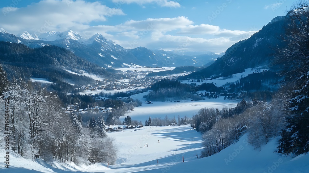 Serene Winter Landscape in the Alps: A Breathtaking View of Snow-Covered Mountains, Forests, and a Tranquil Valley