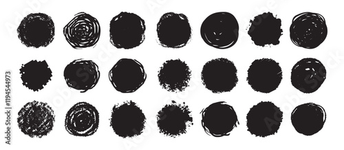 Round grunge scratch and textured ink brush strokes set. isolated vector black Collection. Dirty expressive hand drawn inky stains and blobs