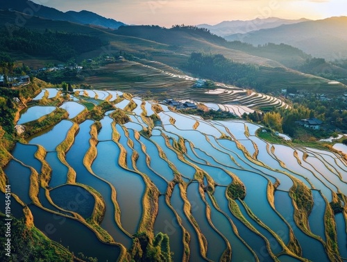 An aerial panorama of Yuanyang breathtaking rice terraces in China. The water mirrors the vibrant sky and surroundings- reflecting a myriad of earthy hues.