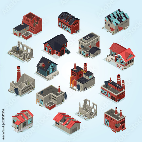 Abandoned Buildings Isometric Set