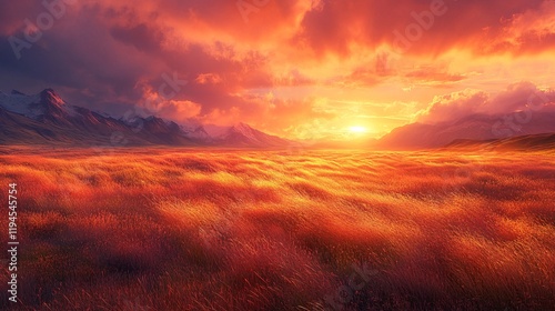 A surreal valley where golden waves of grass flow like silk under a vivid pink and orange sky photo