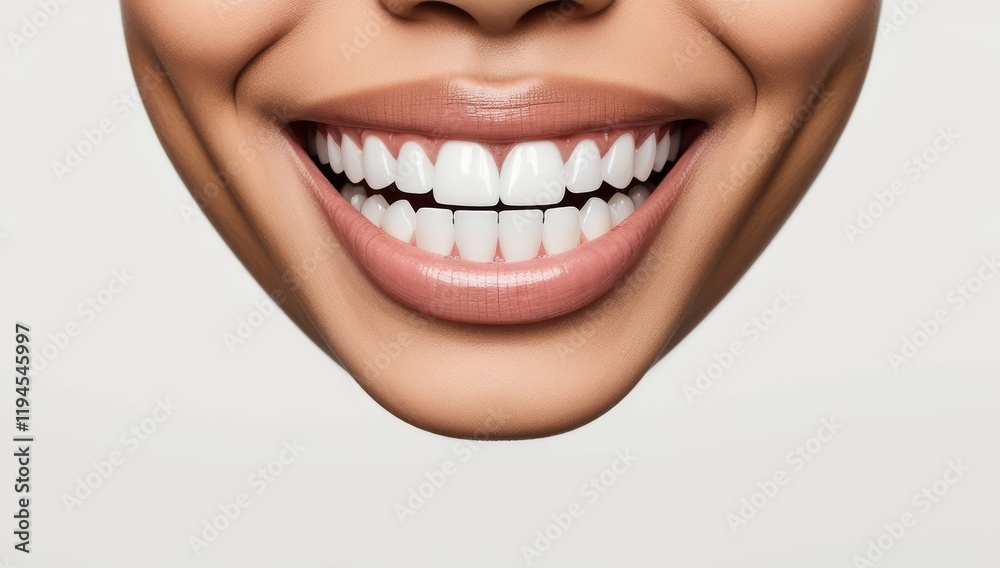 Naklejka premium A close-up of a woman's perfect white smile with natural, glossy lips. Dental health, beauty, and confidence concept