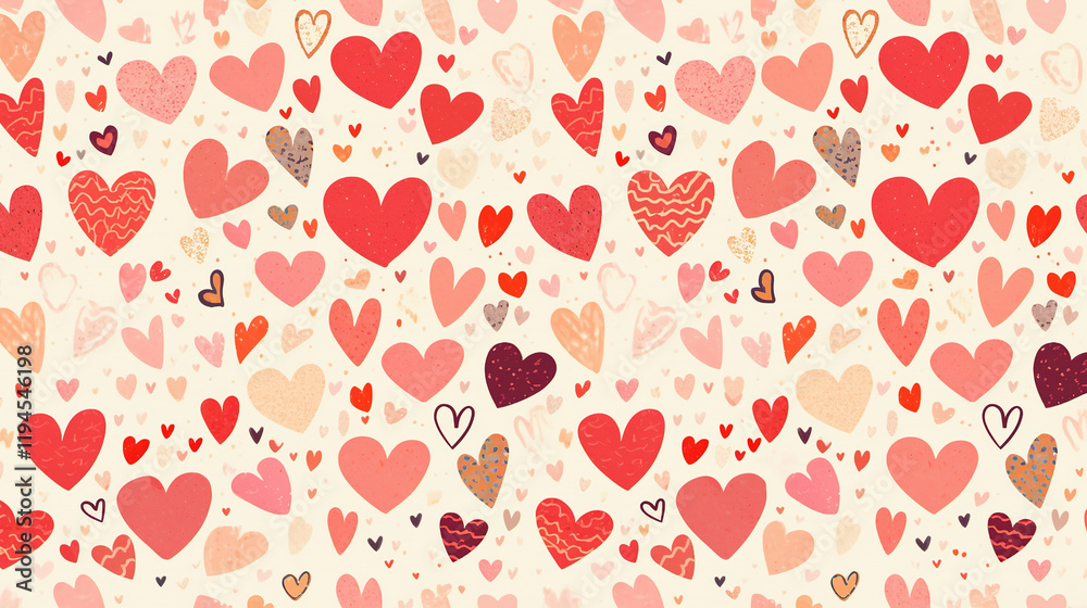 The image features a pattern of variously sized and colored hearts on a light background, creating a whimsical and affectionate design The image features a pattern of variously sized and colored hearts on a light background, creating a whimsical and affectionate design