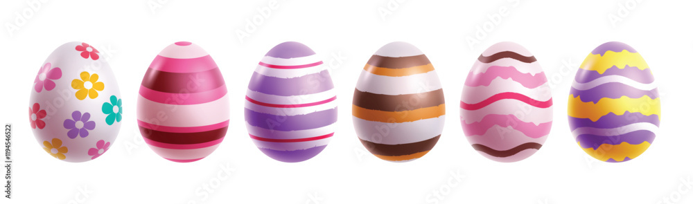 Easter eggs colorful drawing clipart set. Easter egg 3d clip art elements collection with flowers and stripes pattern for hunting tradition. Vector illustration oval graphic design.   
