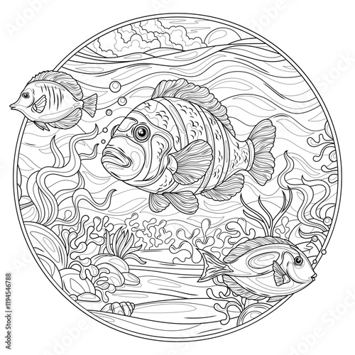 Fish in the ocean.Coloring book antistress for children and adults.