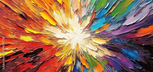 Closeup of abstract rough colorful bold rainbow colors explosion painting texture- with oil brushstroke- pallet knife paint on canvas - Art background illustration. Use for wallpaper