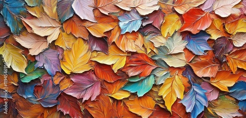 Closeup of abstract rough colorful multicolored organic autumnal fallen leaves art painting texture- with oil acrylic brushstroke- pallet knife paint on canvas wallpaper