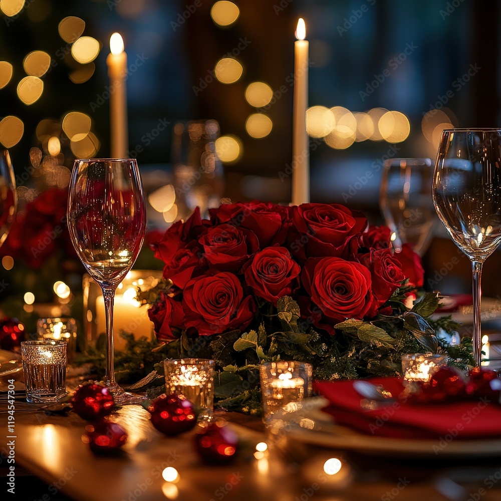 Elegant dinner table with roses and candles. Elegant dinner table with roses and candles.