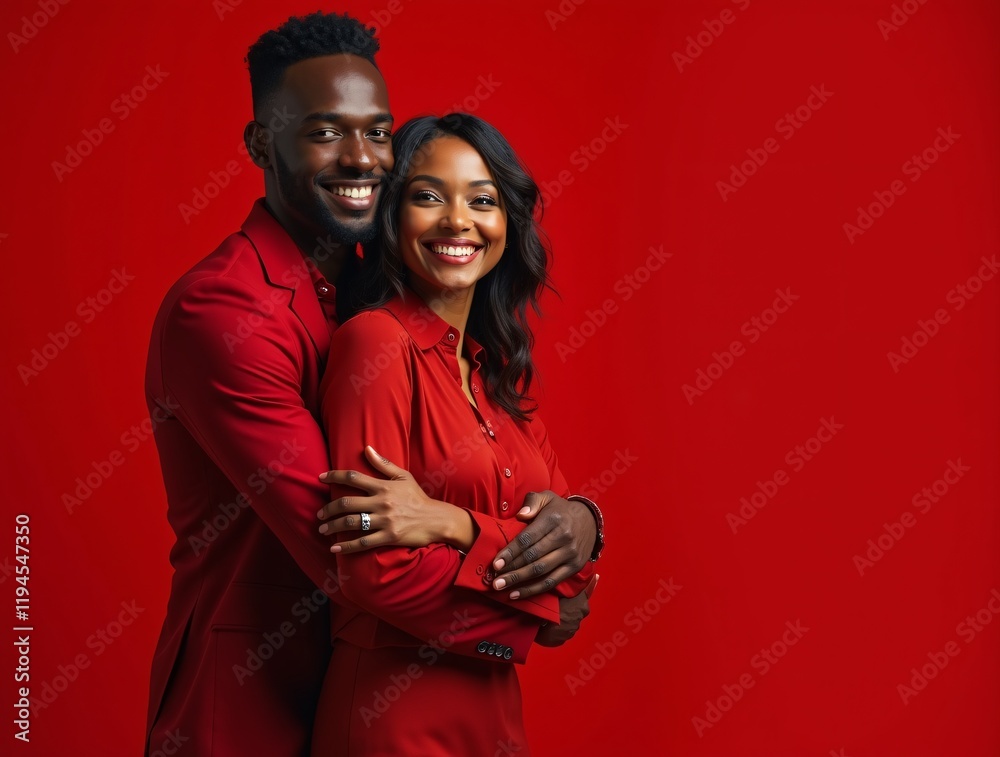 Obraz premium Portrait of a young black couple hugging, smiling in red clothes on a red background. A man and a woman in love are enjoying Valentine's Day. The concept of a romantic relationship for a photo shoot