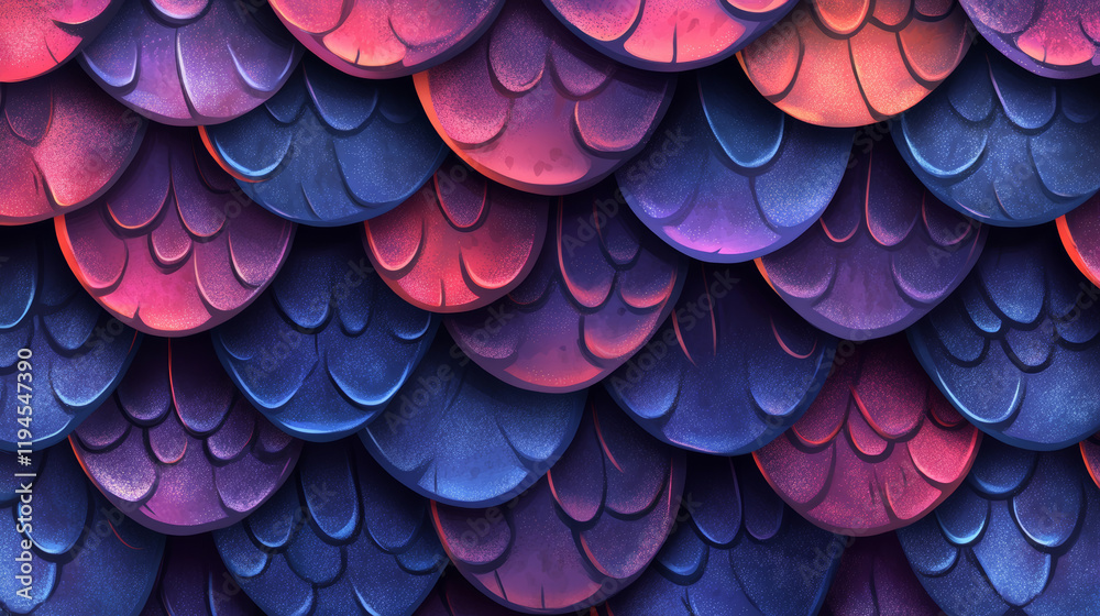 Textures of dragon scale, snake skin. Seamless patterns of blue, purple and red squama of fish, mermaid, reptile or fantasy monster, vector cartoon illustration Textures of dragon scale, snake skin. Seamless patterns of blue, purple and red squama of fish, mermaid, reptile or fantasy monster, vector cartoon illustration