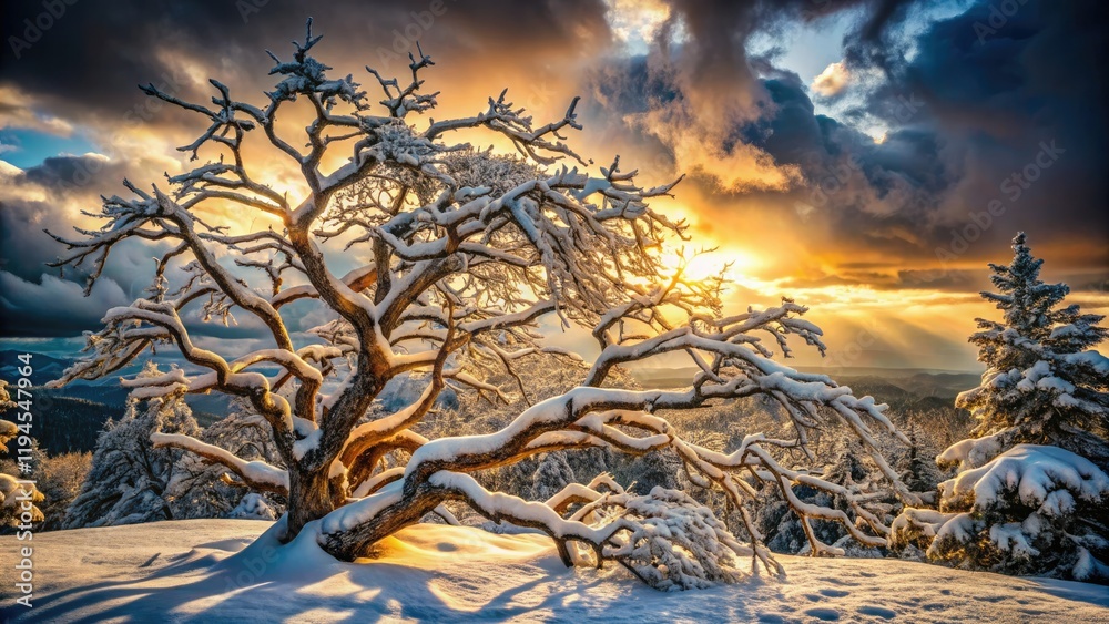 Obraz premium Dramatic winter scene: snow-laden branches, frosty trees, and a tempestuous sky.