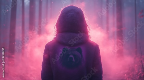 Woman in hooded jacket with bear design stands in pink foggy forest.