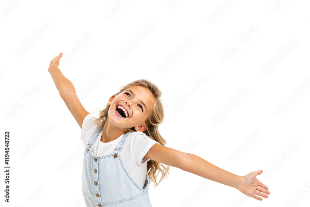 A playful child in denim overalls and a white shirt joyfully extends her arms, embodying freedom and excitement in her radiant smile, isolated on a transparent background A playful child in denim overalls and a white shirt joyfully extends her arms, embodying freedom and excitement in her radiant smile, isolated on a transparent background