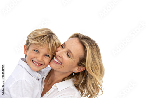 A mother lovingly hugs her son, both smiling sweetly. Their bright expressions highlight their close and loving relationship in a joyful embrace, isolated on a transparent background photo