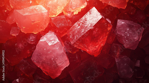 Macro photography of translucent salt crystals with glimmers of light, red background and luminous tones. photo