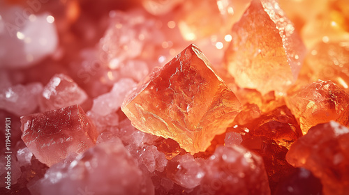 Close-up macro of irregular salt crystals with sharp edges, glowing softly on a red textured background. photo