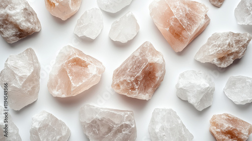 Minimalist studio shot of small Himalayan salts, emphasizing natural textures and pure lighting. photo