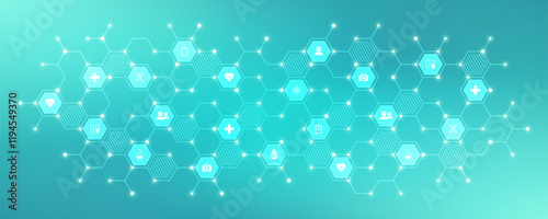 Medical background and healthcare technology with flat icons and symbols. Concept and idea for health care business, innovation medicine, health safety, science, medical research, and development.