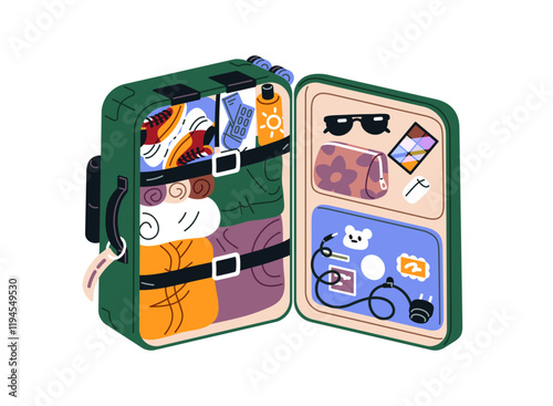 Open suitcase is full of clothes, items, things for summer journey. Carry on luggage for vacation travel. Baggage for trip, tour to beach resort. Tourism. Flat isolated vector illustration on white