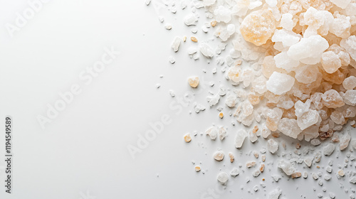 Ultra-realistic top view of small Himalayan salts on a white background with natural lighting. photo