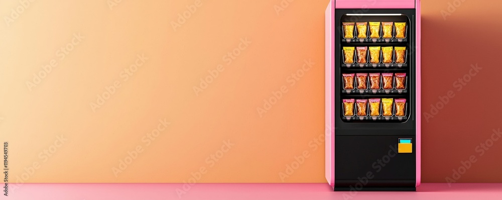 A modern vending machine displays colorful beverage options against a pastel wall, creating a vibrant and inviting atmosphere. A modern vending machine displays colorful beverage options against a pastel wall, creating a vibrant and inviting atmosphere.
