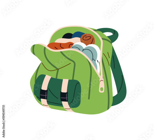 Open backpack full of clothes for vacation journey. Hiking bag with travel items, things. Baggage, carry on luggage for holiday trip, tour. Tourism concept. Flat isolated vector illustration on white