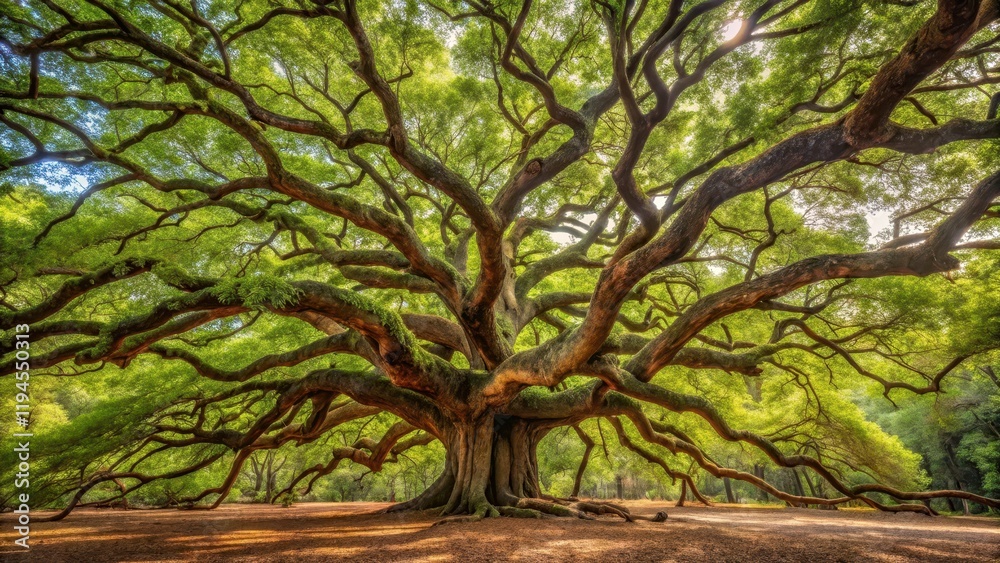 Obraz premium Angel Oak Tree Panorama Branches Detailed, tree trunks, intricate, tree trunks, intricate, canopy,panorama