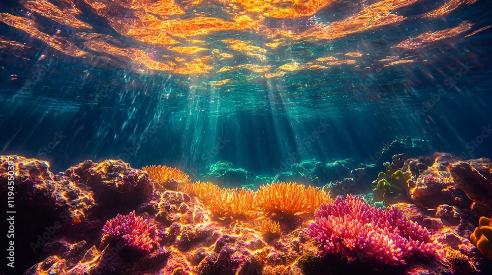 Obraz premium A glowing coral reef in radiant shades of gold, red, and pink under a shimmering turquoise sea