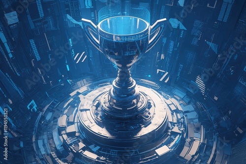 Futuristic trophy on a technological platform.