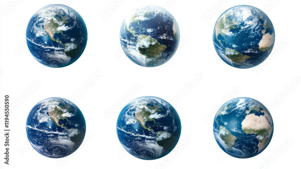 Earth globe rotation. Icons of world, planet from different views. Green and blue planet with white clouds turnaround set isolated on background, vector cartoon illustration