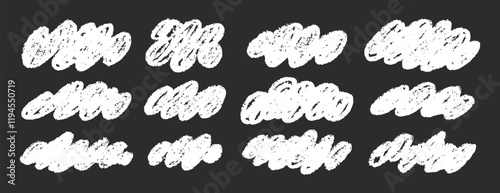 White clouds fluffy pencil chalk crayon hand drawn clouds kids style clipart. Childish naive clouds icons isolated. Rough cute pastel texture set