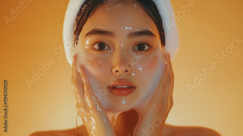 Asian Woman Washing Face with Foam, Studio Lighting, White Tank Top, Wrapped Hair, Subtle Orange Background, Skincare Beauty Shot photo