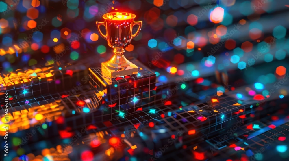 shiny trophy stands atop stack of colorful blocks, surrounded by vibrant bokeh lights. scene conveys sense of celebration and achievement, perfect for awards or competitions shiny trophy stands atop stack of colorful blocks, surrounded by vibrant bokeh lights. scene conveys sense of celebration and achievement, perfect for awards or competitions
