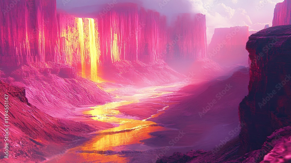 A glowing canyon with golden rivers and cliffs painted in vibrant red and pink hues A glowing canyon with golden rivers and cliffs painted in vibrant red and pink hues